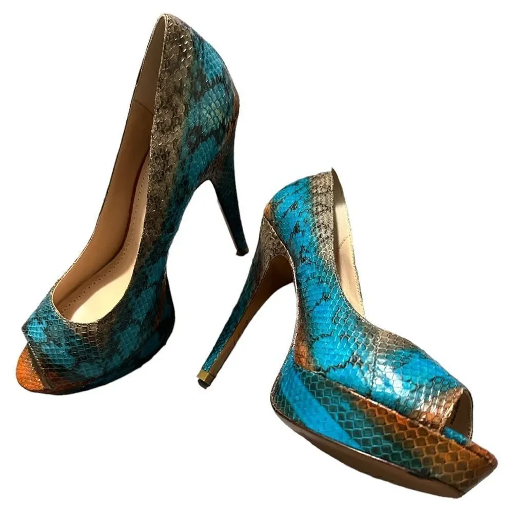 Pour La Victoire Snakeskin Peep-Toe Platform Heels – Size 8.5